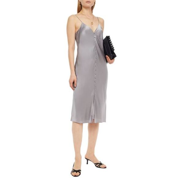 Cami NYC Button-Front V-Neck Lined 100% Silk-Satin Midi Slip Dress Gray Women XS - Picture 1 of 5